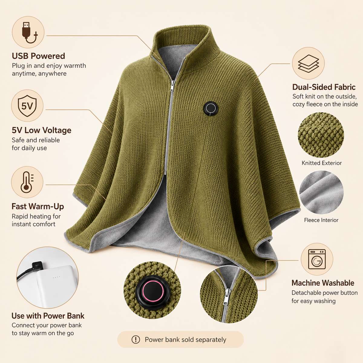 Wearable Heated Shawl 3 Heat Levels Portable Heated Shawl