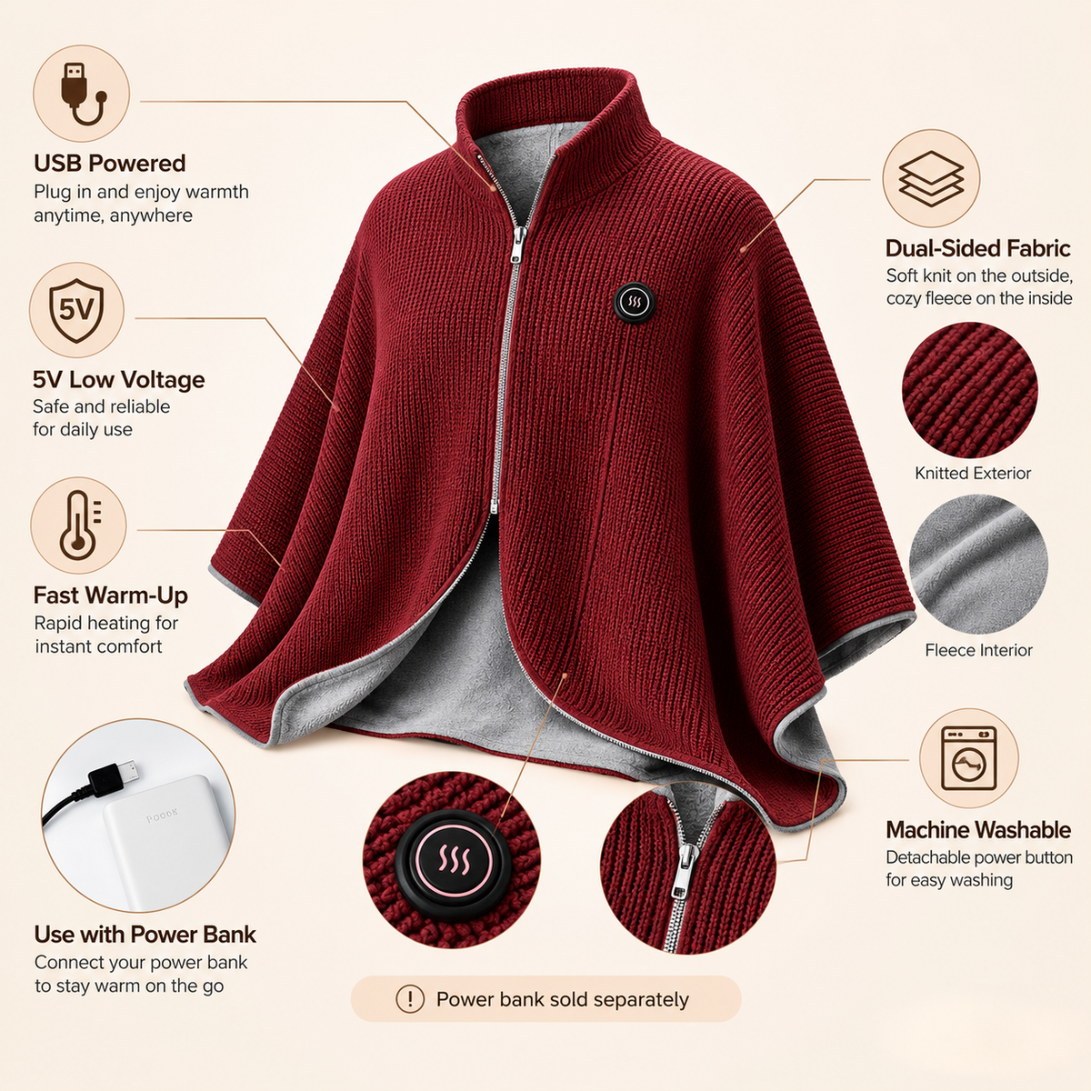 Wearable Heated Shawl 3 Heat Levels Portable Heated Shawl